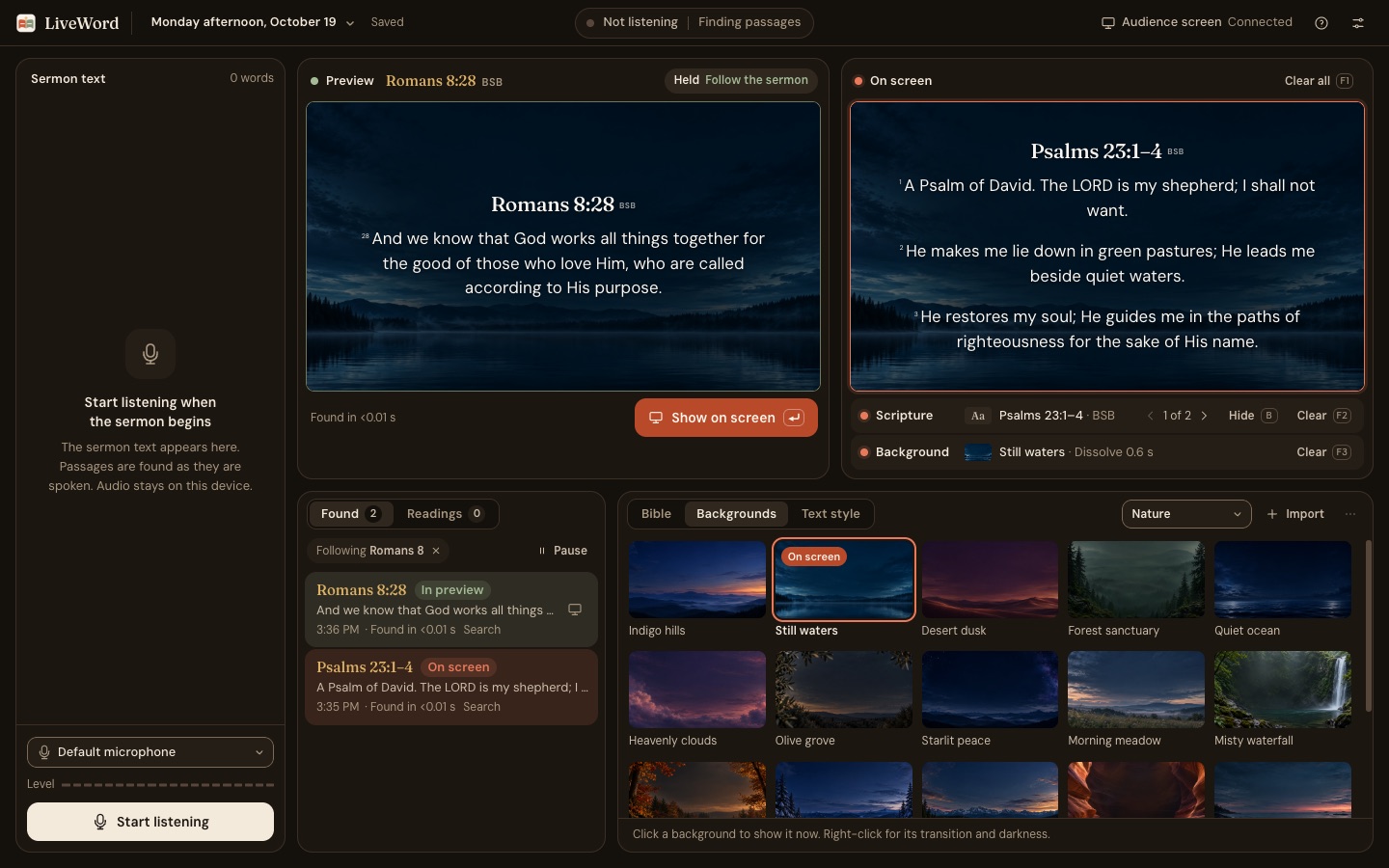 LiveWord desktop workspace with Scripture preview, operator controls and audience display