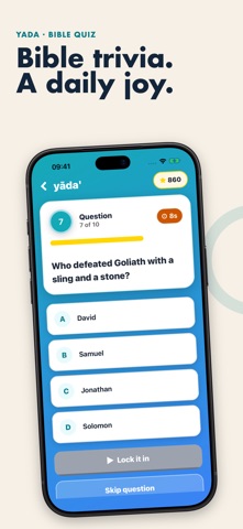 Yada Bible quiz app showing a question about David and Goliath